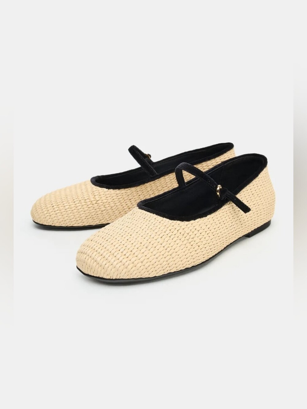 Zara Woven Straw Mary Jane Flats with Black Trim